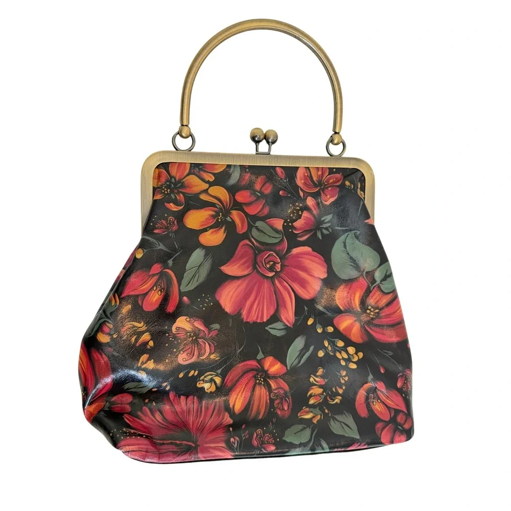 Patricia Nash Floral Leather Frame Satchel Kiss Lock Black Red Brass